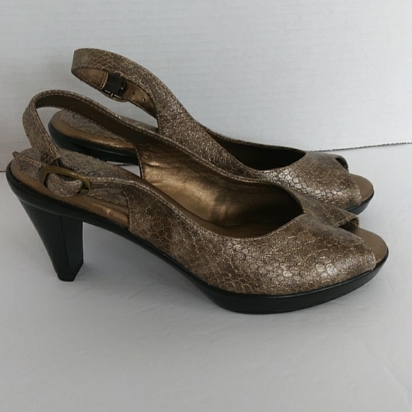 Bella Vita Snakeskin Print Slingback Peep Toe Heel Sandal 7N Brown Metallic - Picture 6 of 16